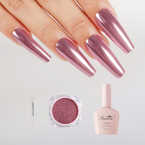 Imtiti Rose Gold Chrome Nail Powder Kit,1g Pink Meatllic Mirror Effect Powder with 10ml White Color Gel Polish Metal Nail UV DIY Kit