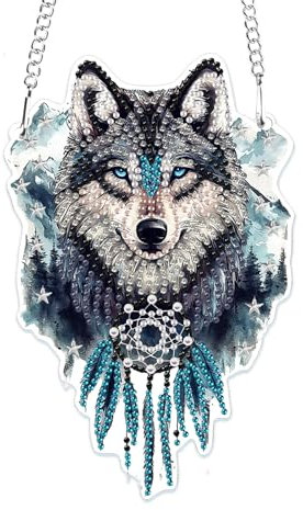 MOGTAA 5D Wölfe Diamond Painting Anhänger, Tiere Diamond Painting mit Kette Kinder Erwachsene, Diamant Painting Fensterbilder, Hängende Ornament Bastelset Set für Wand Und Eingang Decor