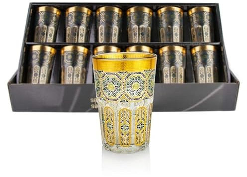 Saharashop 12 Gläser Marokkanische Teegläser Trinkgläser Cay Atay Gläserset Gold-Grün