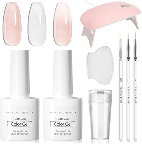 French Manicure Nail Polish Set - 2PCS Sheer Jelly Nude & Milky White Gel Nail Polish - French Tip nail polish Set with Nail Stamper, UV Lamp, nail Art Brush - Soak off Gel Polish for DIY Nail Paint