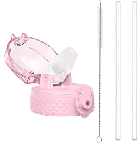 GOPPUS Straw Lid (Includes Straw+Brush), Only Suit for 350ml/12oz, 500ml/17oz, 600ml/20oz, 750ml/26oz Water Bottle with Dust Cover, One Hand Open Lid (Pink)