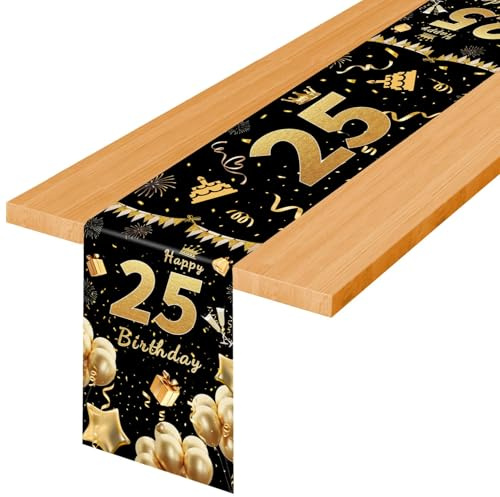 TaimeiMao 25 Jahre altes Tischläufer Geburtstag Schwarz Gold,180 X 35 cm | Tischläufer 25 Geburtstag Schw,Happy Birthday Goldene TischläUferGeburtstagsdeko,TischdekoGeburtstag für Party Dekoration