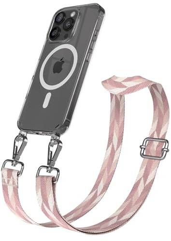 EAZY CASE Handykette - Verstellbares Taschenband kompatibel mit iPhone 16 Pro, Schulterriemen, Handykordel mit Silikon Hülle, Qi Charging kompatibel, Umhängetasche, Rosa Mix Silber