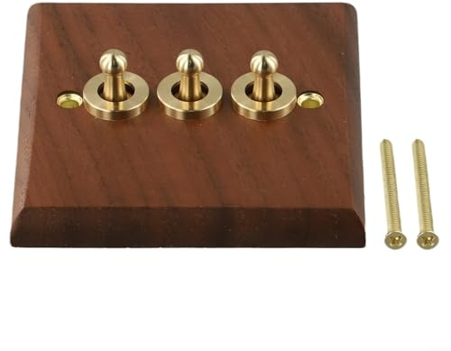 Retro Walnut Wood Toggle Light Switch Plate with Brass Lever, Handmade Vintage Rocker Design for Decorative Wooden Wall Switch Cover, Compatible with 1/2 Way(3 Gang)