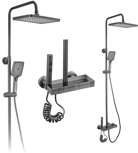 GREENSAPPIRE Columna de Ducha Termostática con LED Negro Mate – Cabezal Efecto Lluvia 20x30 cm, Alcachofa 3 Modos, Pistola Spray 2 Funciones, Altura Regulable y Giro 360°