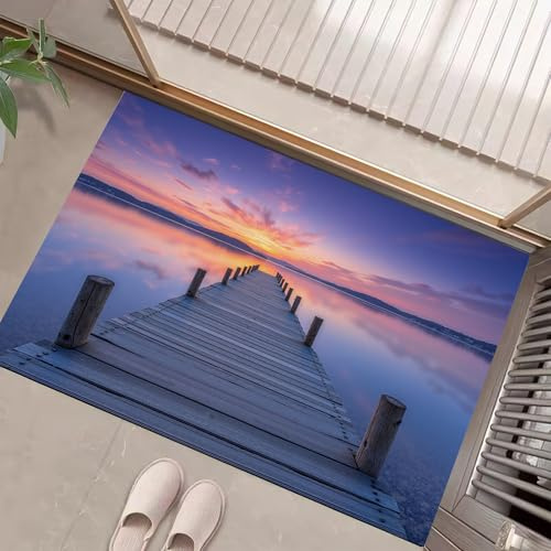GDJSMIN Fußmatte Holzstegmuster 40 X 60 cm Innen Und Außen, Sonnenuntergangslandschaft Waschbar Fussmatt, Rutschfester Türmatte, Schmutzfänger Teppich Für Eingang, Haustür - Orange