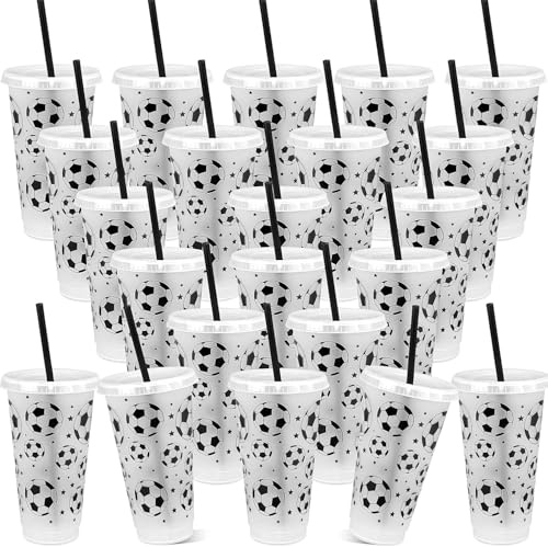 TESIN 24er Set Plastik-Footballbecher mit Deckel und Strohhalm, 710 ml Wiederverwendbare Kaffeebecher im Großpack für Sportpartys, Party-Trinkbecher für Football-Events, Weiß