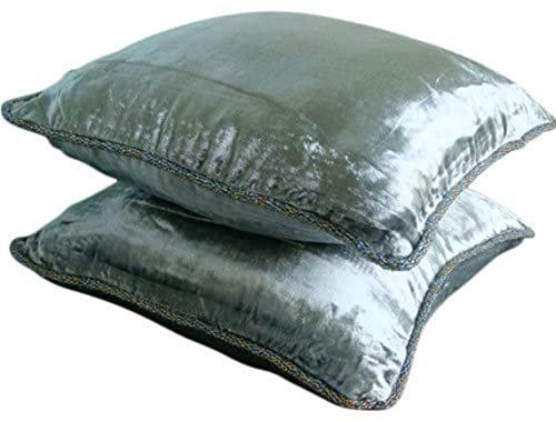 The HomeCentric Silver Shimmer - 45 x 45 cm EIN silbener Samt Kissenbezug mit handfertigtem Perlenrand