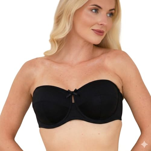 Camille Womens Multiway Strapless Bra | Non Padded & Underwired | Removable Matching & Clear Straps | Cross Back, Strapless, Halter, One Strap | Back Fastening for Extra Support | Black 36E