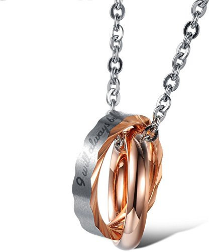 JewelryWe Damen Halskette Edelstahl Ringe: 2 Ringe Verriegelung Anhänger Kette mit Gravur I Will Always be with You Partneranhänger Partnerketten Geschenk für Frauen Rosegold