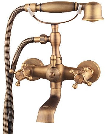hiendure® Wandhalterung Zwei Griffe Badewanne Wasserhahn mit Handbrause Messing antik Finish