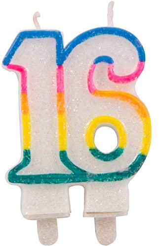 Folat 22890 – Glitzerkuchenkerze Regenbogen mit Halterung – Zahl 16 – ca. 9 x 6 x 1,5 cm