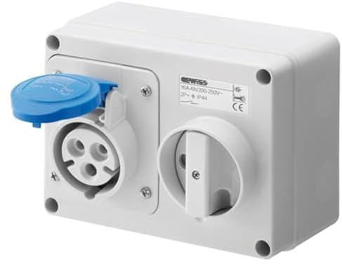 Gewiss GW66015 Horizontal Interlocked Socket Outlet, IP44, 6 Reference, 2P+E Pole, 200V-250V, 32 A, 50 Hz/60 Hz, Blue