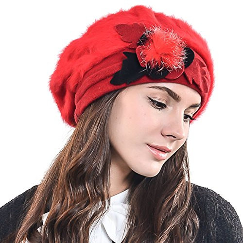Damen Barette Künstler Wolle Baskenmütze Angora Beanie Winter Mütze BR022 (Rot)
