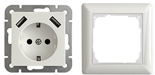 USB Schutzkontakt Steckdose 2 x USB Anschluss 2800mA Unterputz Modell 55 mit Rahmen reinweiß glänzend