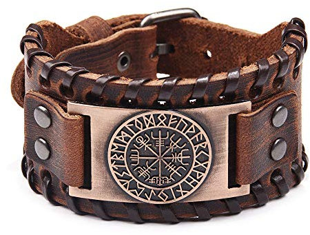 Juland Herren Retro Breites Metall Schwarz Herren Lederarmband Punk Style Lederarmband Pirat Armbänder Breiter Gürtel Manschette Armreif Rock Wrap für Männer Junge Einstellbar - Braun