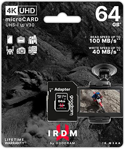Goodram - IRDM microSD Karte UHS-I U3 mit Adapter - 64 GB, bis zu 100 MB/s, V30, 4K geeignet - stoßfest & wasserdicht - Extreme Zuverlässigkeit, Video Speed Class V30, Qualitätskomponenten
