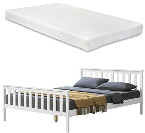 [en.casa] Holzbett Hellnar mit Matratze 140x200cm mit Hohem Kopfteil und Lattenrost Weiß Bett mit Kaltschaummatratze ÖKO-Tex 100 Kiefernholz Doppelbett Jugendbett