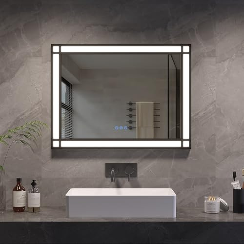 AQUABATOS Badspiegel mit Beleuchtung Schwarzer Rahmen Fensteroptik 80x60cm, Badezimmerspiegel Beleuchtet Beschlagfrei Led Bad Spiegel mit Touch-Schalter, 3 Lichtfarben Dimmbar