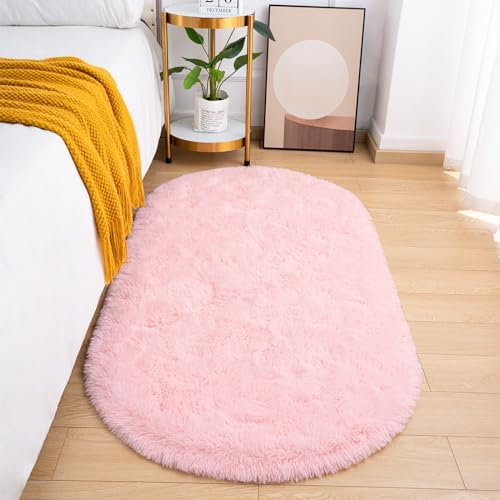 Goideal Morbido tappeto per camera da letto, piccolo tappeto ovale, tappeto rosa shag comodino per camera dei bambini cameretta dormitorio carino sfocato decorazione per interni per ragazzi e ragazze