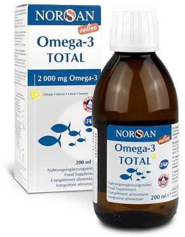 NORSAN Premium Omega 3 Fischöl Total Zitrone Online hochdosiert 200 ml / 2.000mg Omega 3 pro Portion/Omega 3 Öl mit EPA & DHA/Omega 3 Premium Öl mit 800 IE Vitamin D3