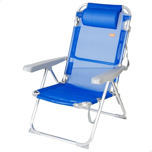 Aktive 62635 - Liegender, klappbarer Strandstuhl | Hoher Klappstuhl mit Kissen | 5 Positionen, Farbe blau, mit Tragegriff, 48x60x90cm | Leichte, klappbare Strandstühle