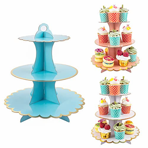 Roponan 3 Pack 3-Tier Cardboard Cupcake Stands, Round Dessert Tower, Cupcake Holder for Afternoon Tea, Birthday Party, Wedding, Anniversary, Baby Shower