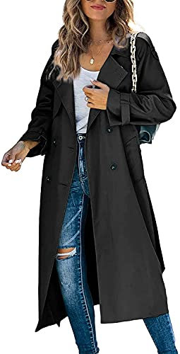 Women Casual Long Trench Windproof Coat with Belt Solid Colour Double-Breasted Lapel Collar Windbreaker Jacket Spring Autumn Coat S-2XL (Black, M)