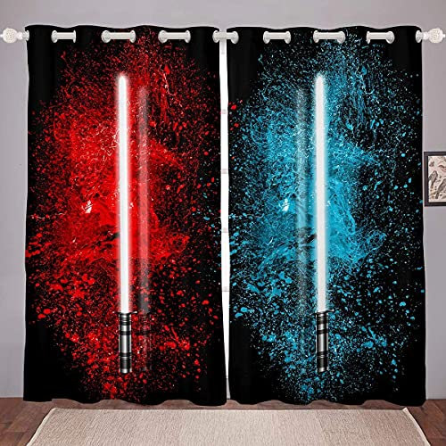 Lichtschwertvorhänge Rot Blau Vorhang für Schlafzimmer Wohnzimmer für Kinder Jungen Teens Zukunftstechnologie Fenstervorhänge Weiche, strapazierfähige, waschbare Raumdekoration, 137x117cm, 2 Panels