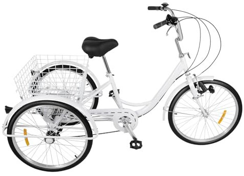 Fetcoi 24 6 Gänge Dreirad Für Erwachsene Weiß 3 Rad Dreirad Fahrrad Erwachsenen Dreirad Mit Licht+Korb, Kohlenstoffstahlrahmen, Verstellbarer Lenker