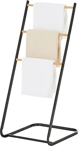 IDIMEX Porte-Serviettes sur Pied Flavia échelle à 3 portants pour Linge de Salle de Bain, Structure en métal Noir et imprimé Bois
