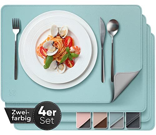 Loco Bird Edle Tischsets Platzsets Abwaschbar aus PU-Leder - Tischdeckchen 4er Set - Tischset petrol/hellgrau, 43x30cm Platzset Lederoptik, abwaschbare Tischset Kunstleder, Platzdeckchen Abwaschbar