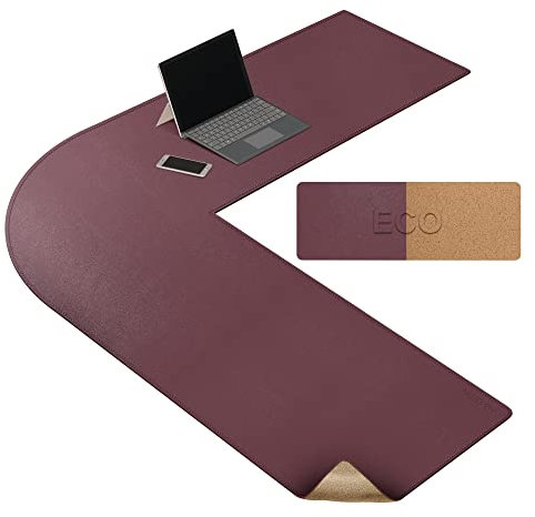 MAIDERN 47 Inch L Shaped Corner Desk Mat, Cork & Leather Reversible Desk Pad for Gaming Computer Office Home (Wine red)