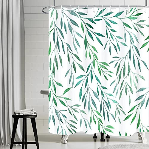 Uiiooazy Rideau Douche Vert Sauge, Rideau de Douche Feuilles Verte Plante Rideau de Baignoire Anti Moisissure Imperméable Tissu Polyester Lavable Rideau Salle de Bain avec 12 Crochets 180Lx180Hcm