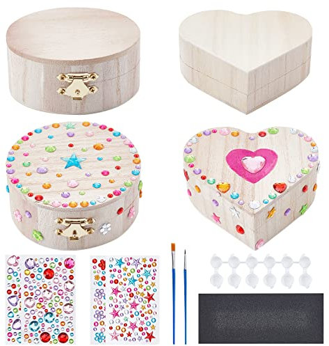 WEBEEDY 2 Pack Wooden Jewelry Box Craft Kit Set, Creative Handmade Decorate-Your-Own DIY Jewelry Organizer Container Birthday Christmas Gifts (Heart Box &Round Box)