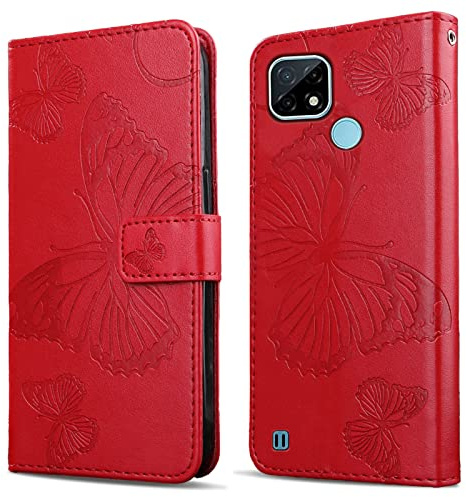 DENDICO Hülle für Oppo Realme C20 / Realme C21, PU Leder Magnetverschluss Flip Handyhülle Schutzhülle mit Standfunktion und Kartenfach für Oppo Realme C20 / Realme C21, Rot