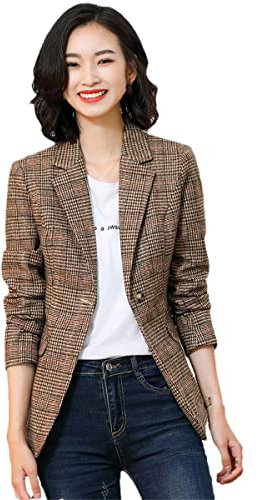 Ruereuu Damen Plaid Blazer, Brauner karierter Blazer, 40