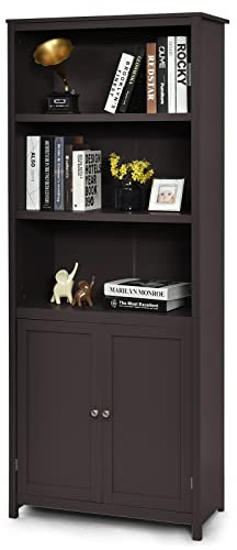 COSTWAY Bücherschrank Bücherregal mit Türen, Hochschrank mit 3 offenen Regalen, Standregal Aktenregal Büroregal für Wohnzimmer Büro, 74,5 x 35,5 x 181,5 cm (Kaffee)