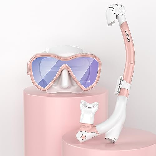 LUXPARD Kids Snorkel Set, Snorkeling Gear for Kids, Anti-Fog Panoramic View Snorkel Mask and Anti-Leak Dry Snorkel Tube, Diving Mask for Children (Pink with Coated Lens)