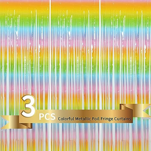 TONIFUL 3Pcs Rainbow Door Streamers,Photo Booth Backdrop 3.28ft x 6.56ft Metallic Streamers Rainbow Foil Fringe Curtains for Birthday,Christmas,New Year,Bachelorette,Grad Party Streamers Decor