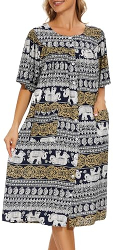 COSUNIONY House Dresses for Women Cotton Short Sleeve House Coat Buttons Down Dusters Robe with Pockets S-XXL, Navy Pat 2, XXL