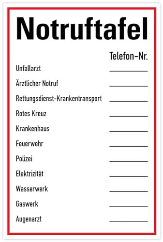 Aufkleber Sicherheitsaushang beschriftbar „Notruftafel“ Hinweise Info-Folie selbstklebend | Größe wählbar Made in Germany, Größen Name: 20x30cm