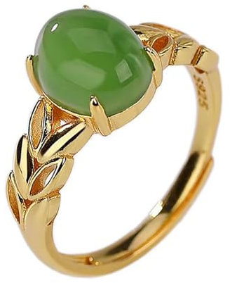 Lllunimon Ovaler verstellbarer Ring aus grüner Jade für Frauen, 925 Sterlingsilber natürliche Edelstein Bandringe, Schmuckgeschenke für Ehefrau Mama Freund,Gold