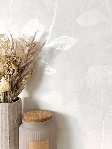 Newroom Tapete Weiß Vliestapete Blumen - Vintage Floral Creme Blätter Pflanzen Blumentapete Romantisch Rosentapete Metallic inkl. Tapezier-Ratgeber