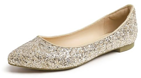 Feversole Women's Sparkle Memory Foam Cushioned Colorful Shiny Ballet Flats Pumps Glitter Pointed Light Gold Size 4