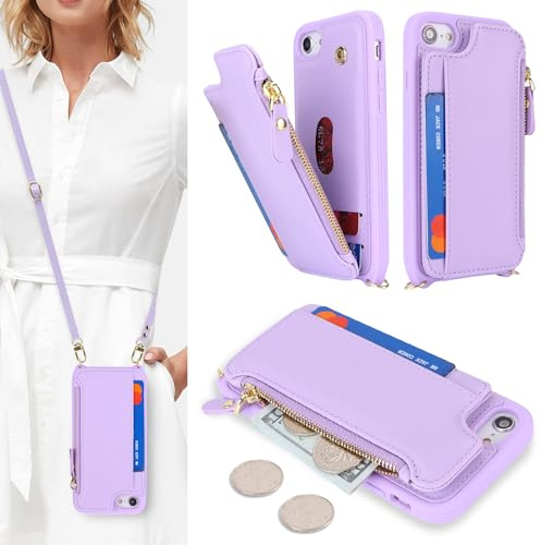 SailorTech for iPhone SE 2020/SE 2022 Phone Case with Credit Card Holder for Women, iPhone 7/8 Leather Case Wallet Crossbody with Credit Card Slots Zipper Shockproof Case - Purple