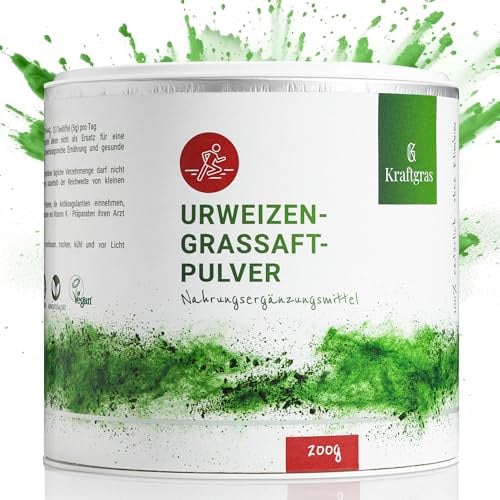KRAFTGRAS Urweizengrassaft-Pulver BIO [200g] - naturreines Weizengrassaft-Pulver aus grünem Weizengras [vegan & glutenfrei] für Saft, Smoothie & mehr - komplett natürlich & ohne Zusätze