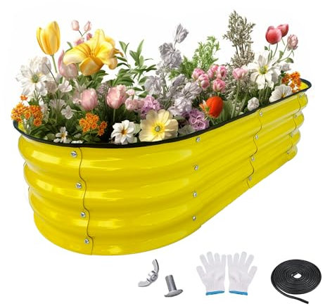 Pavlushka Galvanized Raised Garden Bed 4x2x1ft 1 Pack Outdoor Planter Box Easy Assembly Rubber Stripe Safety Gloves, Metal Garden Bed Ideal for Planting Plants, Vegetables, Flowers, Fruits, Yellow
