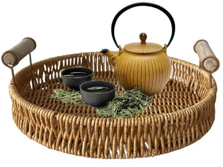 Bandeja Redonda De Mimbre,Bandeja Redonda para Cesta | Cesta de Mesa de Centro | Cesta de Almacenamiento para baño, Cocina, Bandeja de Servicio de ratán con asa, Bandeja organizadora de
