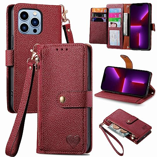 VEEMOS Zipper Wallet Case for Apple iPhone 13 Pro Max Phone Case with Purse Card Holders RFID Blocking Leather Flip Case Book Cover Wrist Strap Women - Red